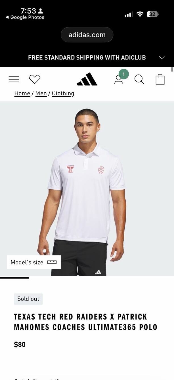 Large Adidas Texas Tech Red Raiders Patrick Mahomes Mens White Sideline S/S Polo